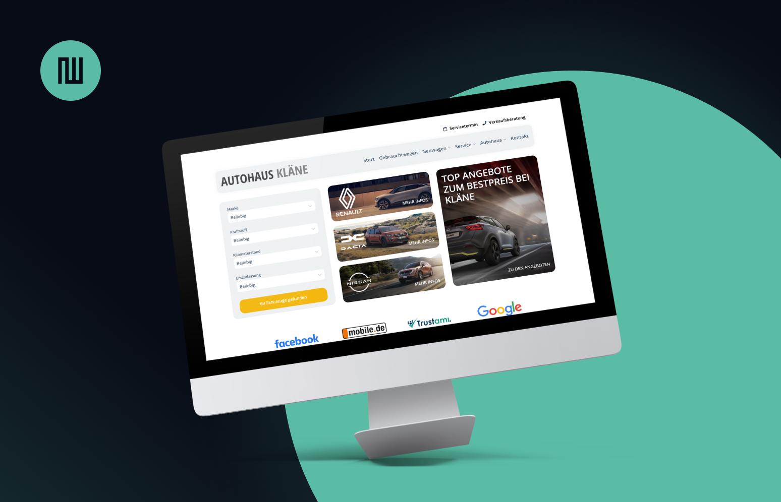 Monitor auf dem eine Autohaus Website mit modernem Webdesign zu sehen ist.